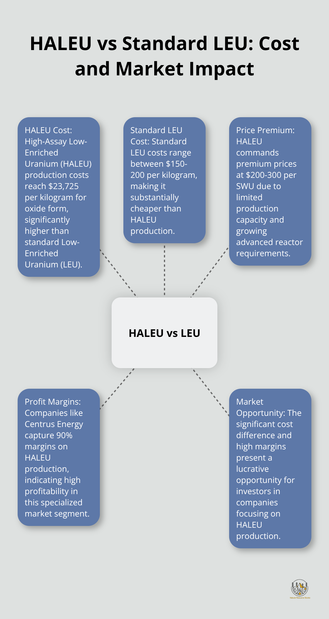 Hub and spoke chart comparing HALEU production costs of $23,725 per kg to standard LEU at $150-200 per kg, with market implications