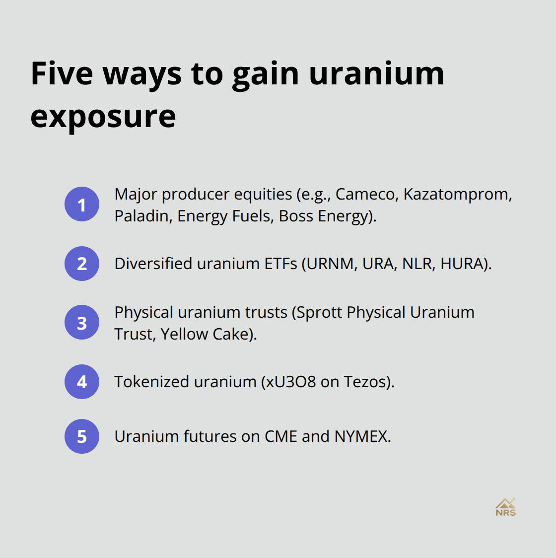Compact list summarizing five primary vehicles for uranium exposure.