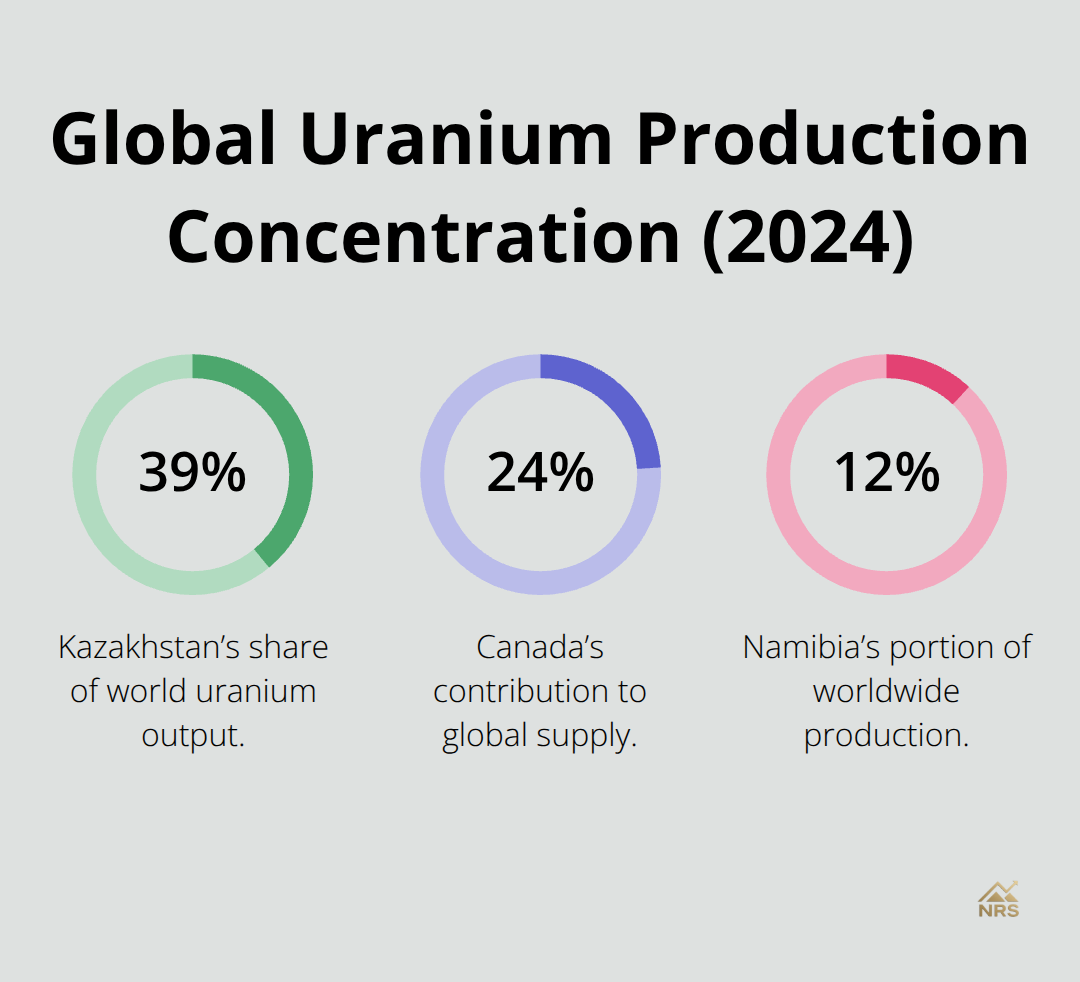 Share of 2024 global uranium production by Kazakhstan, Canada, and Namibia. - uranium mining opportunities