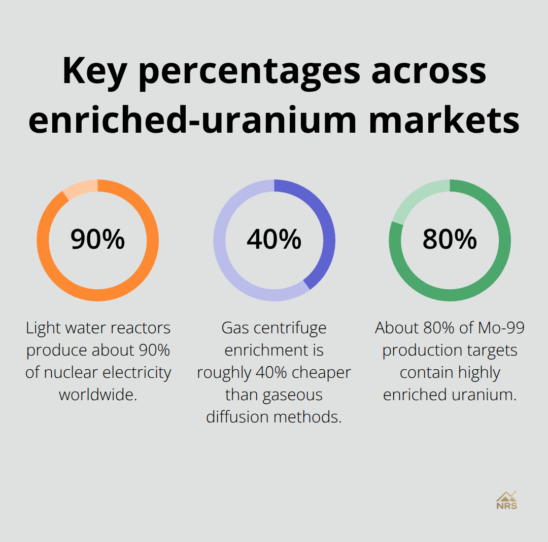 Chart showing 90% LWR electricity share, 40% cheaper centrifuge enrichment, and 80% HEU use in Mo-99 targets - what is enriched uranium used for